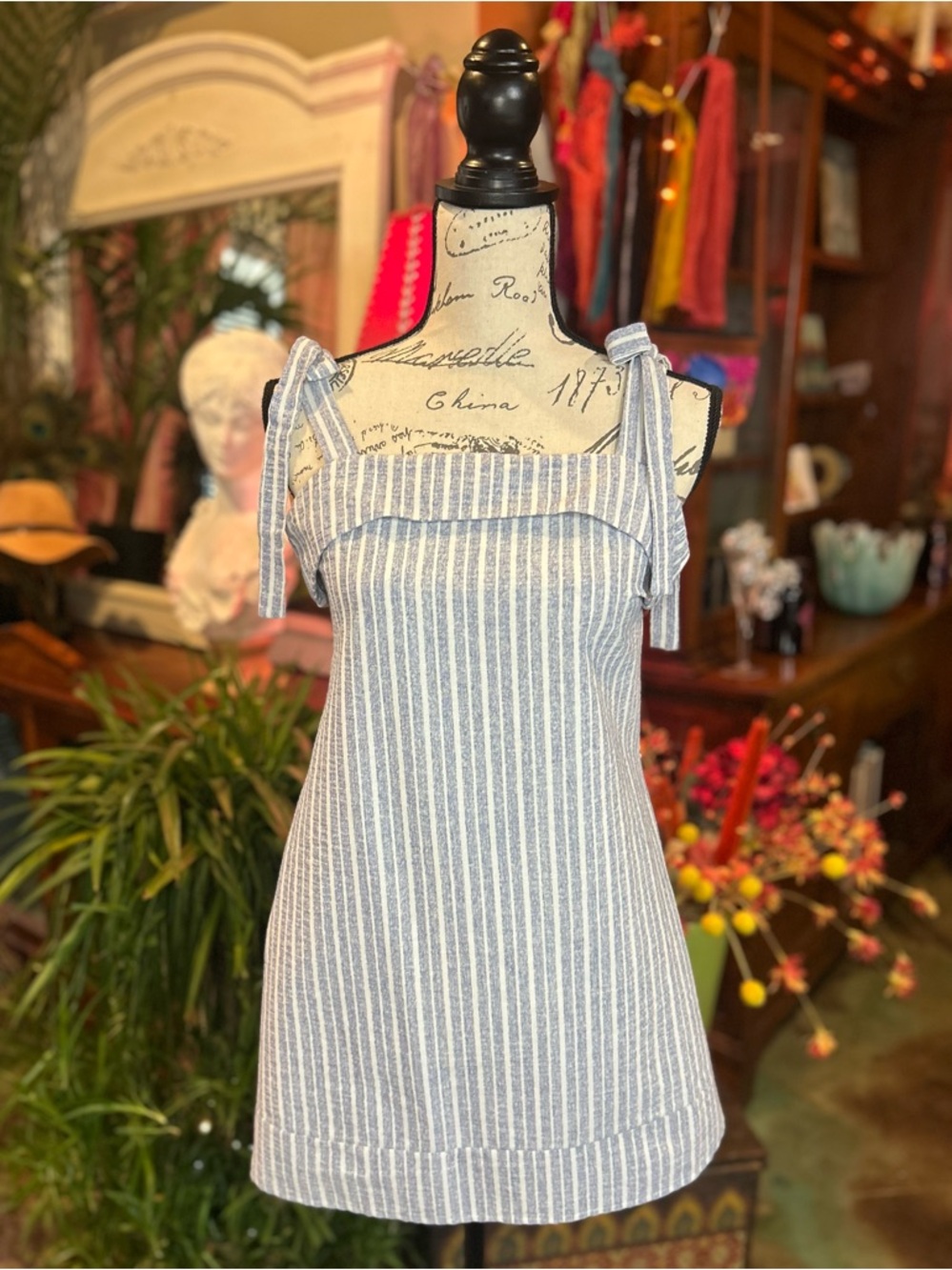 Polly Blue Striped Tie-Shoulder Sundress - Women Size S